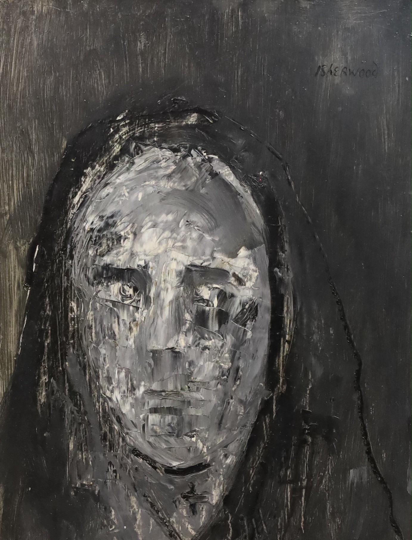 James Lawrence Isherwood (British, 1917- 1989), 'Shawled gray woman', oil on panel, 44 x 34cm